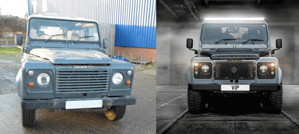 Land rover defender VIP vehicle restorations and custom unique refurbishments before and after defender front