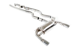Full Performance Exhaust for a BMW 335i layed out, before fitting on a white background