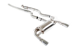 Full Performance Exhaust with catalytic converter for a BMW 335i layed out, before fitting on a white background