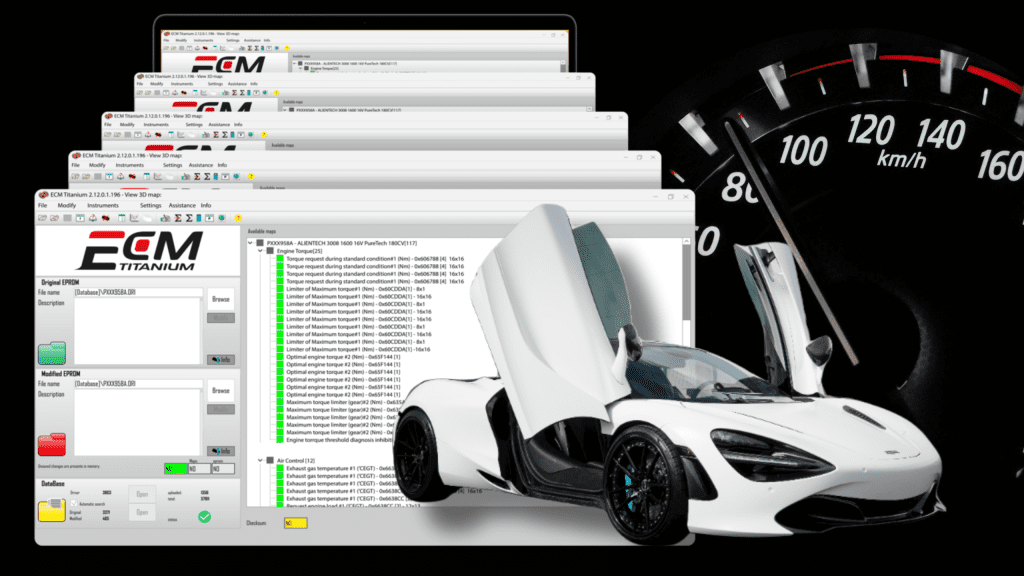 Alientech ECM Titanium software, with a white mclaren, and a speedometer in the background