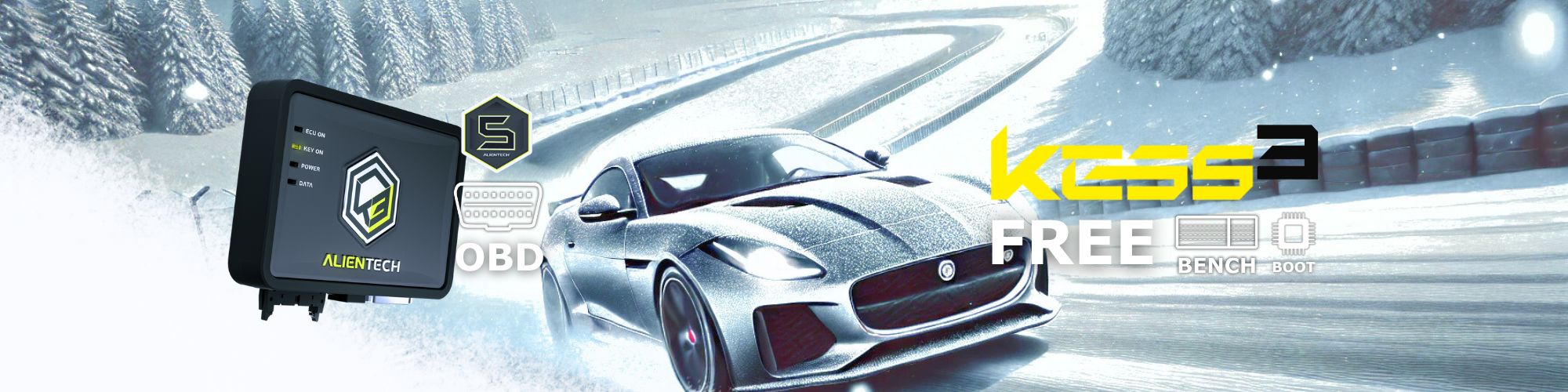 Jaguar on a track int he snow with KESS3